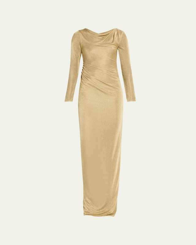 Metallic Jersey Cowl-Neck Long-Sleeve Gown